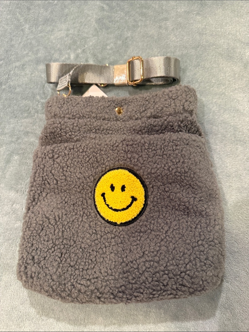 Grey Faux Sherpa Crossbody Bag with Yellow Smiley Patch
